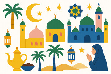 Fototapeta premium Flat Vector Illustration of Islamic and Arab Motifs with Playful Colors