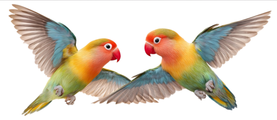 Beautiful colorful flying lovebirds on a white background cutout isolated objects photorealistic landscapes highresolution photography high quality