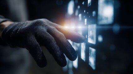Hacker in Gloves Manipulating Futuristic Data Panels