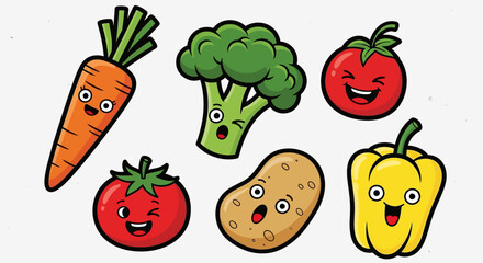 Cute Cartoon Vegetables with Happy Faces including Carrot, Broccoli, Tomato, Potato, and Bell Pepper on an Isolated White Background