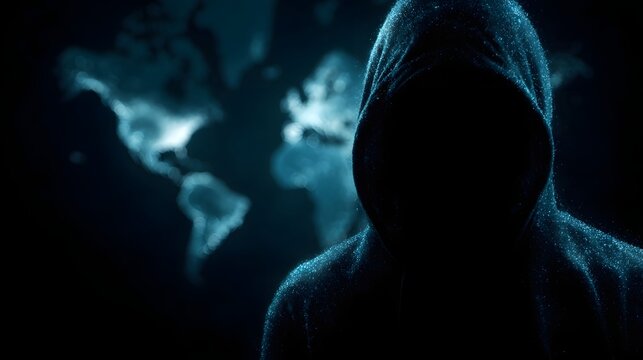 Hooded figure silhouetted against a glowing global map planning a cyber attack - Powered by Adobe