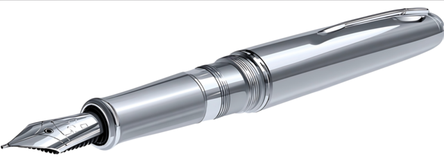 A silver fountain pen in a stylized clipartlike illustration isolated on a white background