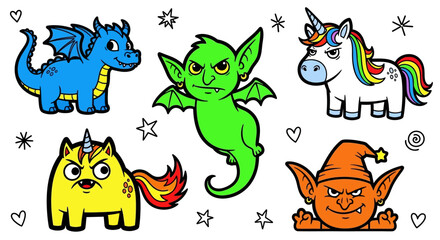 Adorable Fantasy Creatures with Dragon, Unicorn, and Goblins on an Isolated White Background