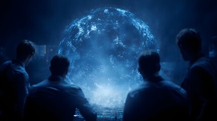 Team of digital operatives collaborating around a futuristic hologram globe in a cyberwar control room