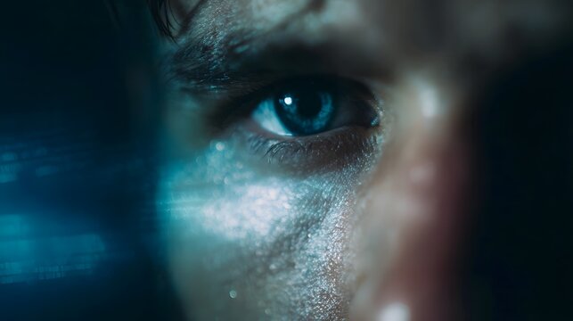 Hacker s face with transparent data scanning overlays and neon lighting