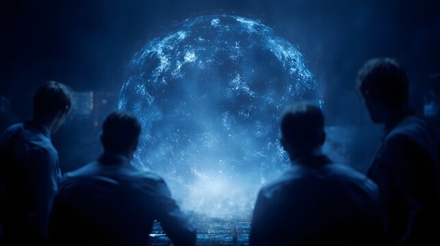 Team of digital operatives collaborating around a futuristic hologram globe in a cyberwar control room