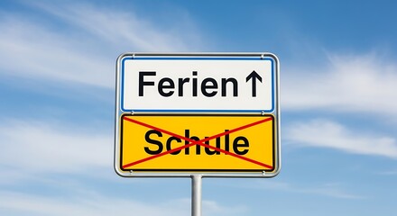 Obraz premium Sign showing the direction to holidays and crossing out the school word