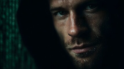 Fototapeta premium Intense hacker in a matrix like holographic environment