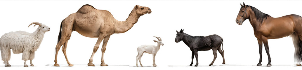 Four animals a camel a horse and a goat standing next to each other on a white background in side view photorealistic highresolution photography