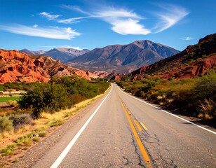 Fototapeta premium A paved road stretches into a vibrant landscape of reddish-brown mountains and lush greenery under a bright, clear sky.