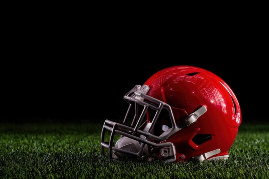 A red football helmet sits on green grass against a black background The helmets silver grille is prominent