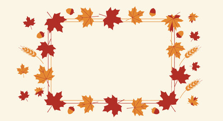 Obraz premium Autumnal Frame Decorated With Colorful Leaves, Acorns, And Wheat Sprigs Bordering A Blank Space