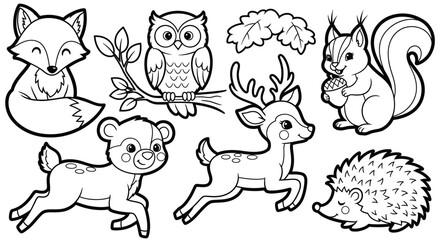 Cute forest animals including a fox, owl, bear, deer, squirrel, and hedgehog with leaves, black and white outline, isolated white background.