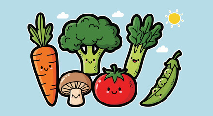 Happy and cute cartoon vegetables including carrot, broccoli, mushroom, tomato, leek, and peas under a sunny blue sky.