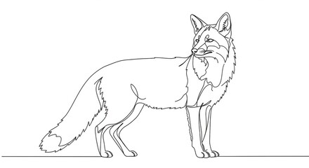 Fototapeta premium A minimalist continuous single line drawing of a standing fox looking back over its shoulder on a white background.