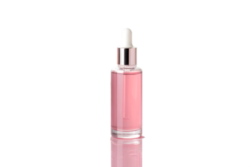 Pink cosmetic dropper bottle containing a nourishing serum, symbolizing skincare and beauty, on a pristine white background with elegant reflection