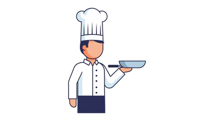 Culinary Artisan: An illustration of a professional chef with a tall hat and classic uniform, presenting a metal pan, embodying skill and passion in the culinary arts.