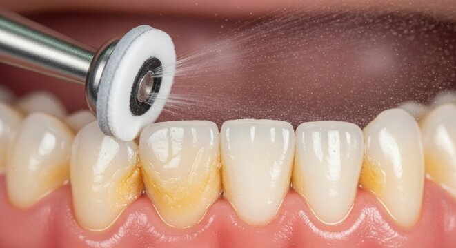 Close-up of a dental polishing tool cleaning stained teeth promoting oral hygiene and a healthy bright smile for dental care.