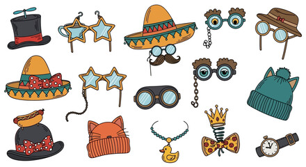 Collection of Fun Party Props and Costume Accessories in a Doodle Style on Isolated White Background © shankara