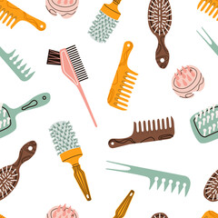 Seamless pattern with different hair combs. Beauty salon items for hair care. Design for poster, banner, placard, brochure, invitation, promotion