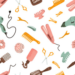 Seamless pattern with different hairdresser tools. Shampoo, hair dryer, combs, hairpins and scissors. Salon items for hair care