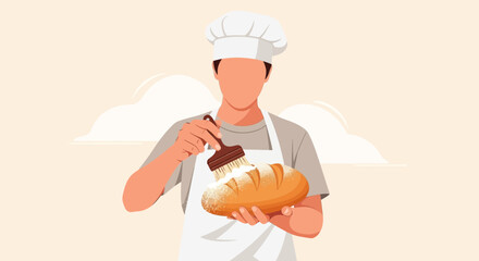 Baker Brushing Flour On Freshly Baked Loaf Of Bread In Modern Illustrated Style