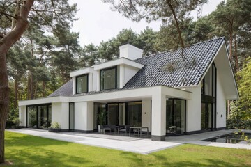 Modern architectural design of a two-story house nestled in a forest area showcasing clean lines and large windows during daylight