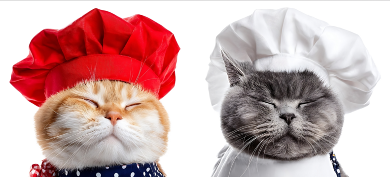 Two cats wearing chefs hats and aprons isolated on a white background Detailed photographic image in PNG format