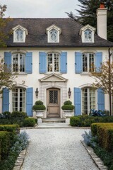 Nestled in a serene suburban neighborhood, this stunning white house features charming blue shutters and is surrounded by vibrant, lush greenery.