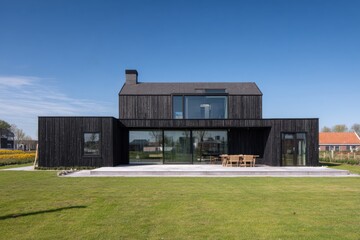 Obraz premium Modern black wooden house with large windows surrounded by grass and blue sky in a rural location offers an inviting and serene atmosphere