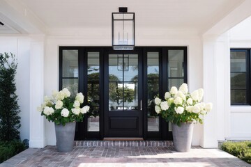 Fototapeta premium Exterior entrance features elegant front door with large glass panels and vibrant flower arrangements in planters, showcasing modern architectural design and welcoming ambiance