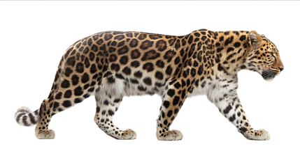 A fullbody side view of an Amur leopard walking isolated on a white background with a clipping path captured with a wideangle lens a stock photo taken with a
