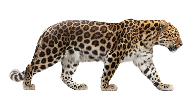 A fullbody side view of an Amur leopard walking isolated on a white background with a clipping path captured with a wideangle lens a stock photo taken with a