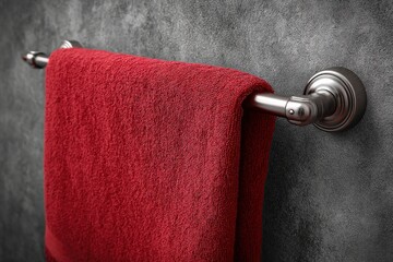 A red towel hangs neatly on a silvertoned towel bar against a textured gray wall