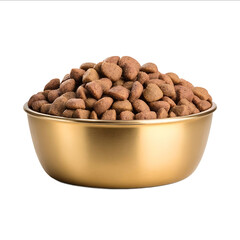 Dog food in a golden bowl isolated on a white background side view