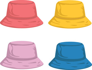 Colorful bucket hat vector illustration, casual fashion headwear design, trendy summer accessory in pink, yellow, blue, purple variations, stylish modern hat collection.