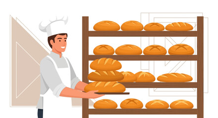 Baker Displaying Freshly Baked Loaves Of Bread From Bakery Shelves, Ready to Sell