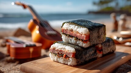 A Hawaiian spam musubi sandwich, with seaweed-wrapped rice and savory spam, set against the backdrop of a sunlit beach picnic, complete with the soothing sounds of a ukulele