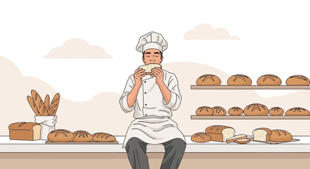 Baker Enjoying Freshly Baked Bread, Cartoon Illustration, Satisfying His Culinary Creations
