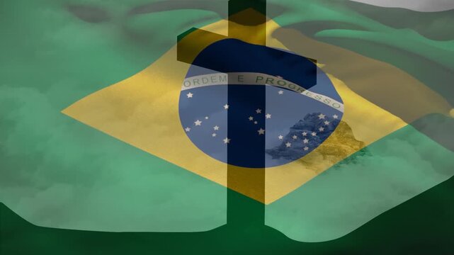 Animation of christian cross and flag of brazil
