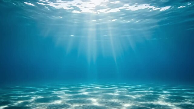Underwater scene with sunlight streaming through the surface and patterns on the sandy ocean floor
