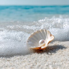 A pearl nestles gracefully in an open seashell on a sandy shore, kissed by gentle waves