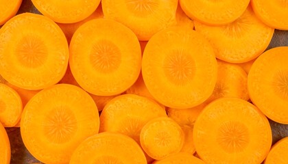 An overhead shot of vibrant orange carrot slices filling the frame in patterns