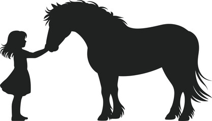 Silhouette illustration of little girl standing with horse, child touching animal, friendship and love concept, black vector design for farm, nature, equestrian themes