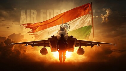 Indian air force fighter jet soars in front of the national flag