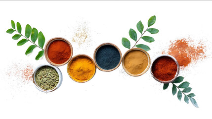 Colorful spices in ceramic bowls on a white background top view Spices for cooking or tea blended with leaves A composition of natural ingredients for food.jp