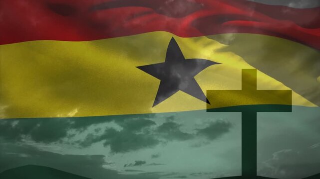 Animation of christian cross and flag of ghana