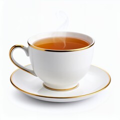 Elegant porcelain teacup containing a warm beverage emits vapor on white background