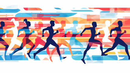 Dynamic illustration of diverse runners in motion with vibrant colors and energetic background