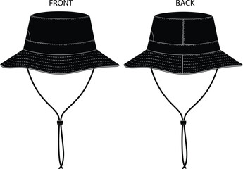 Vector illustration of bucket hat with string, front and back view, flat fashion technical drawing, outdoor fishing hat design template, apparel accessory © Creatives Mind